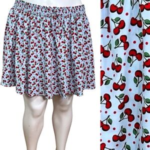 UNIQUE VINTAGE 3X-20 SKORT Artsy Red Cherry Print Retro-Vibe Light Blue